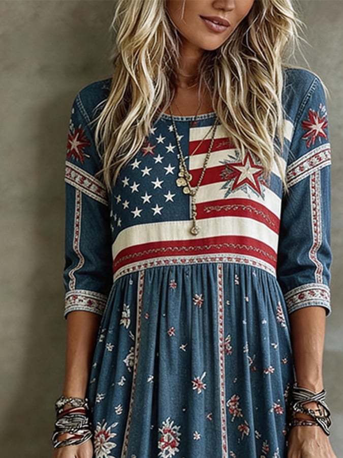 Women's Loose-Fit Independence Day Print Dress