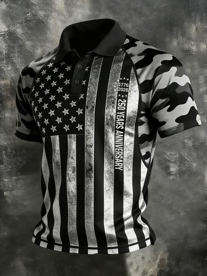 Men'S Retro American Founding Celebration Striped Raglan Polo Shirt