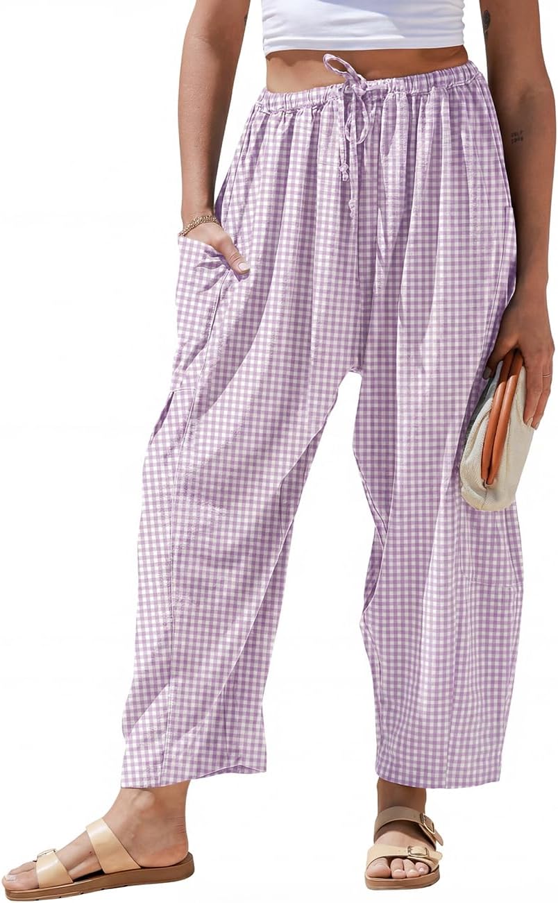 Womens Linen Wide Leg Striped Pants Casual Barrel Loose Drawstring Low Waist Palazzo Harem Pants with Pockets