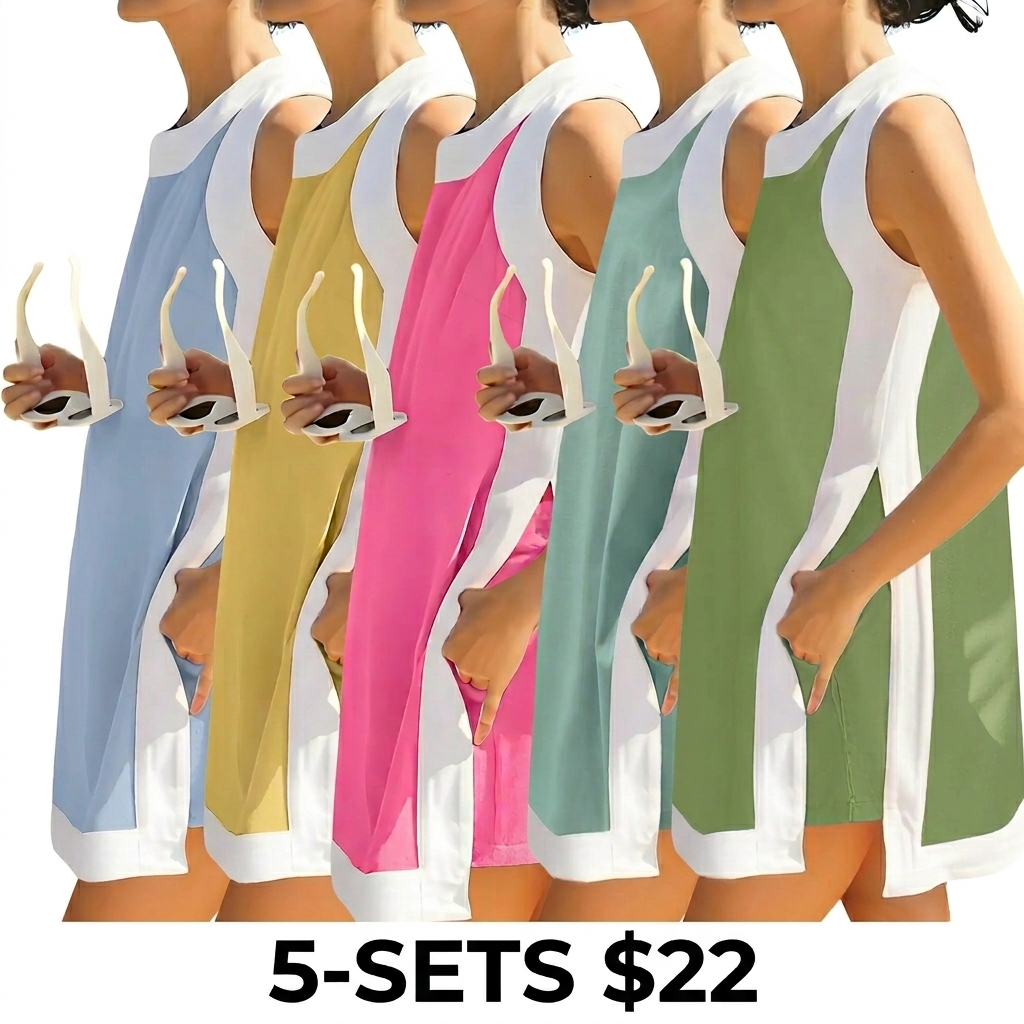 Women's Color Block 2-Piece Set – Crewneck Sleeveless Top & Matching Shorts with Pockets