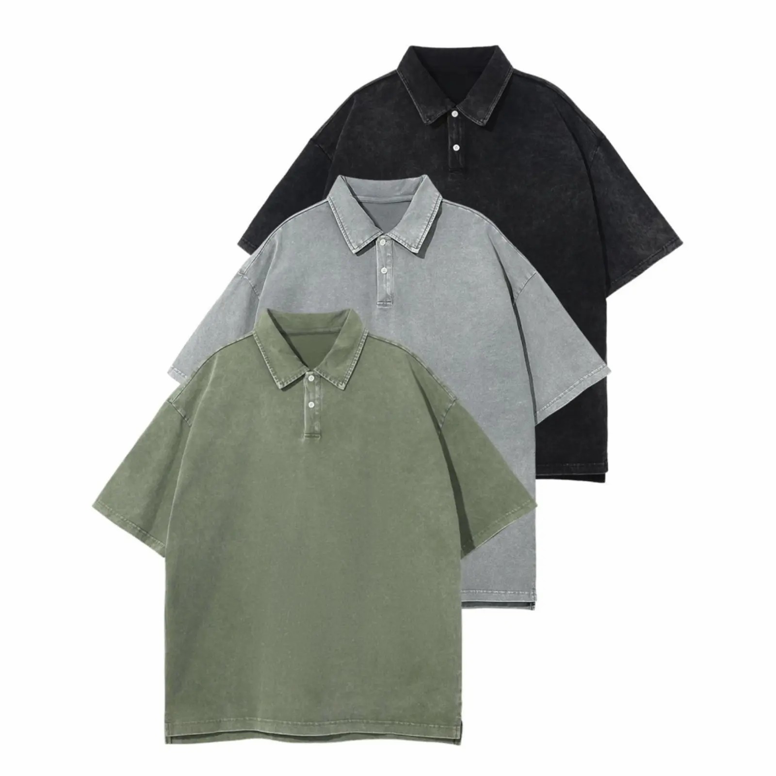 Unisex 5-Pack Acid Wash Oversized Polo Shirts – Vintage Cotton Baggy Streetwear Tees