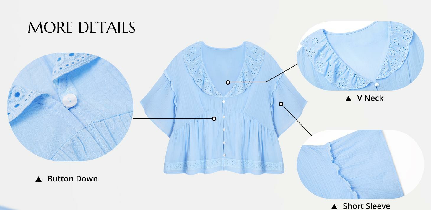 Women's Cropped Babydoll Top – V Neck Eyelet Blouse with Ruffle Sleeves & Button Front