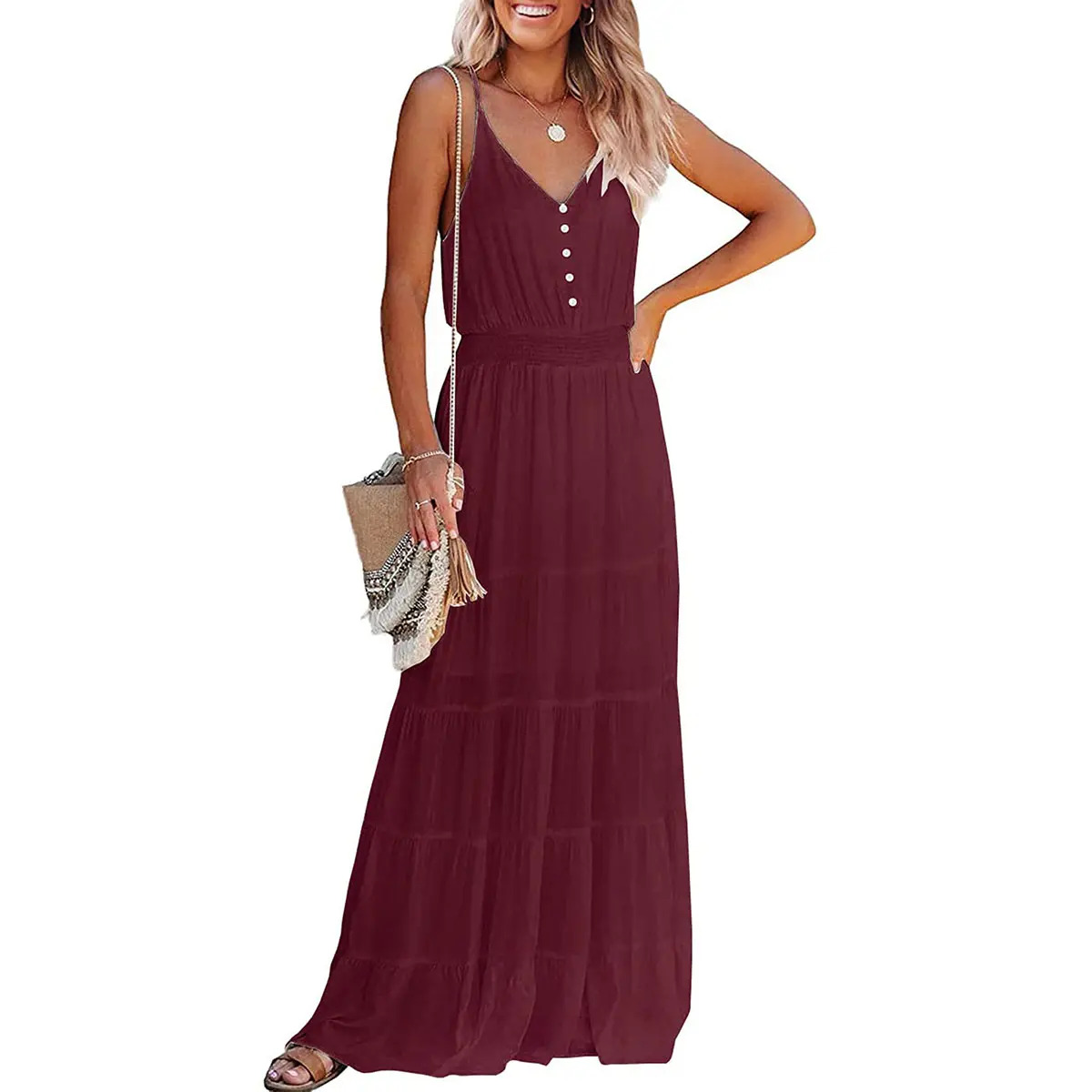 Women's Casual Summer Dress Spaghetti Strap Sleeveless High Waist Beach Long Maxi Sun Dresses
