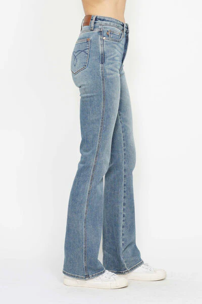 Blue Full Size Tummy Control Back Embroidered Pocketed Bootcut Jeans - Multiple Lengths
