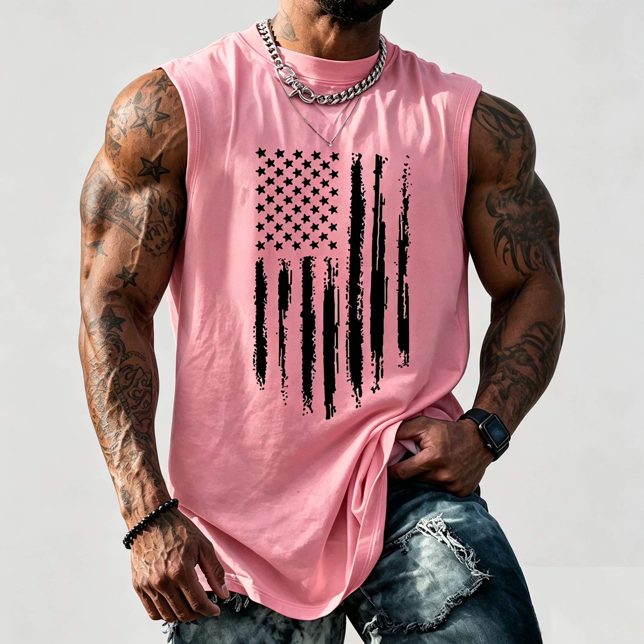 Men's American Flag Graphic Print Crew Neck Fitted Tank Top Vest