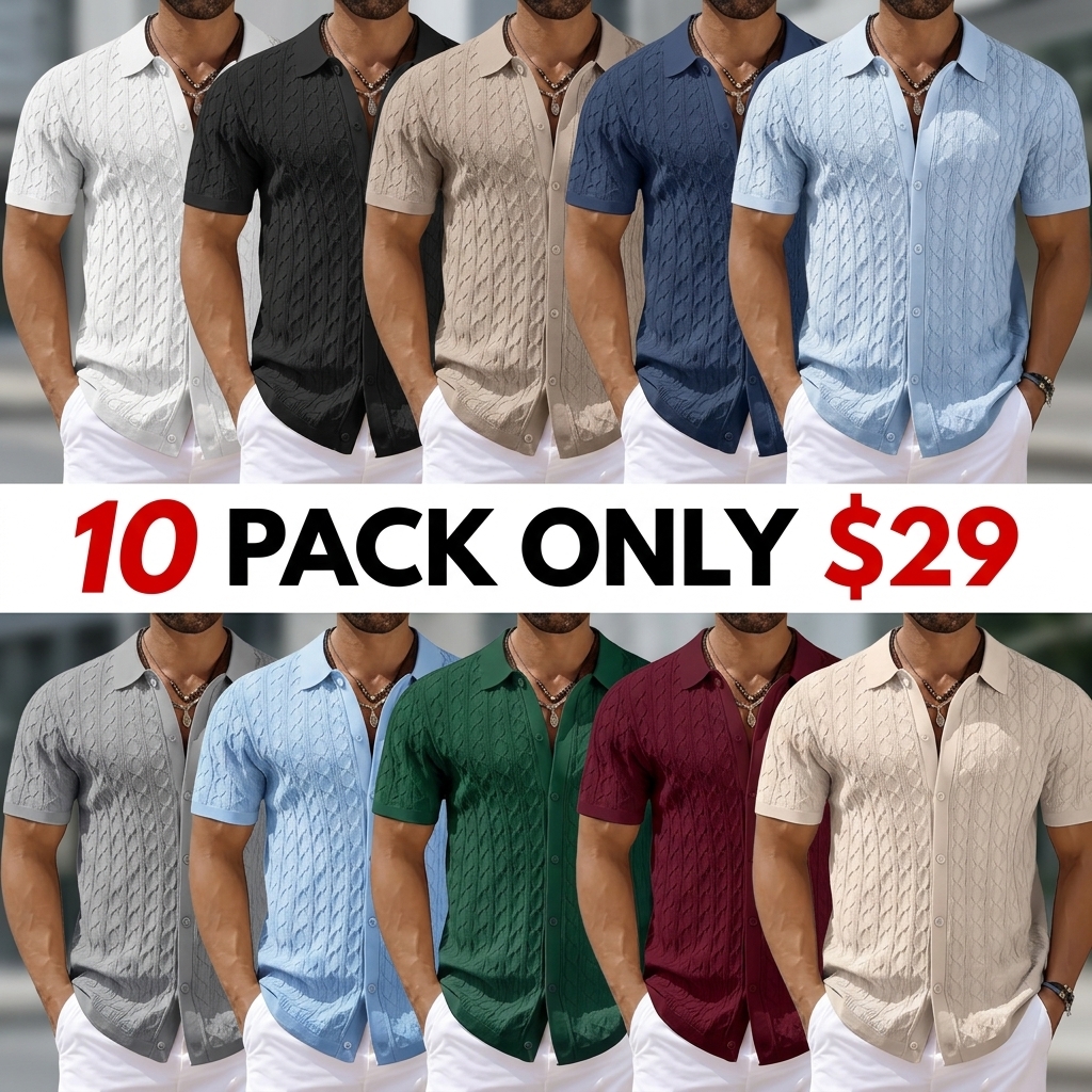 Mens Knit Button Down Shirt Short Sleeve Summer Casual Shirts Vintage Beach Vacation Shirts
