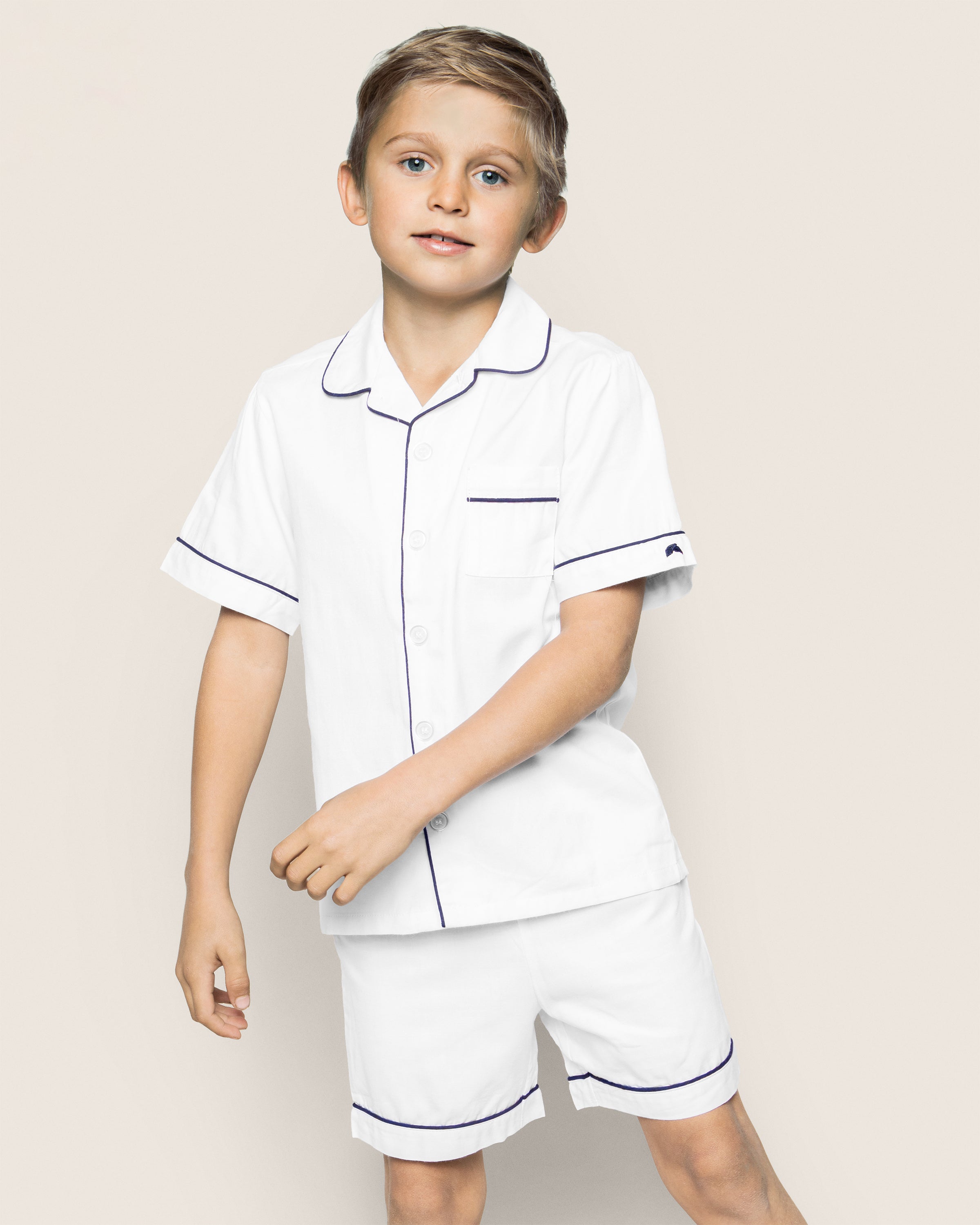 Kid's Twill Pajama Short Set in White with Navy Piping