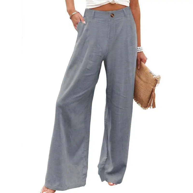 Womens Cotton Linen Pants Casual Button Up High Waisted Wide Leg Trousers Wideleg Loose Womenswear Apricot