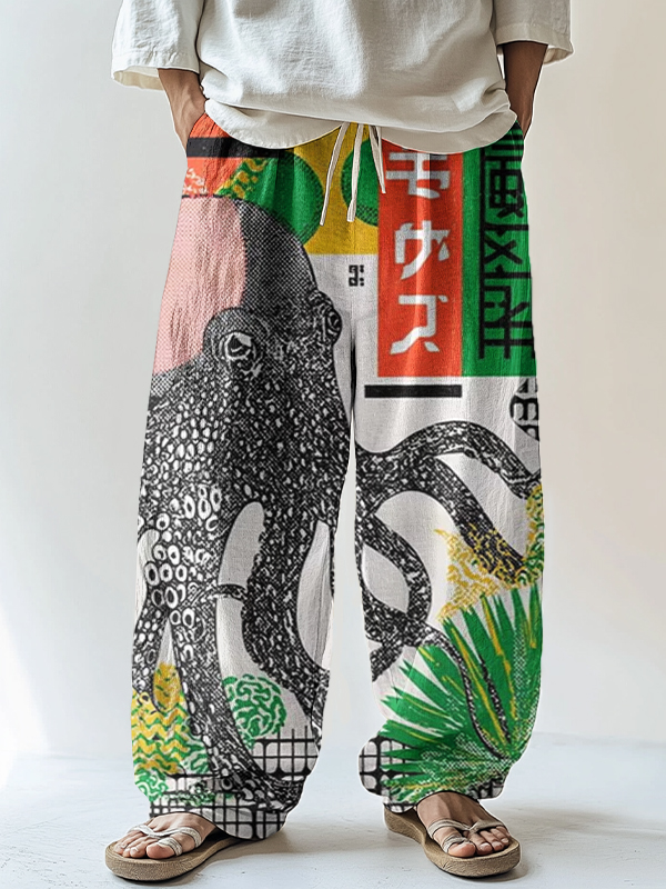 Men's Retro Octopus Japanese Art Print Casual Pants