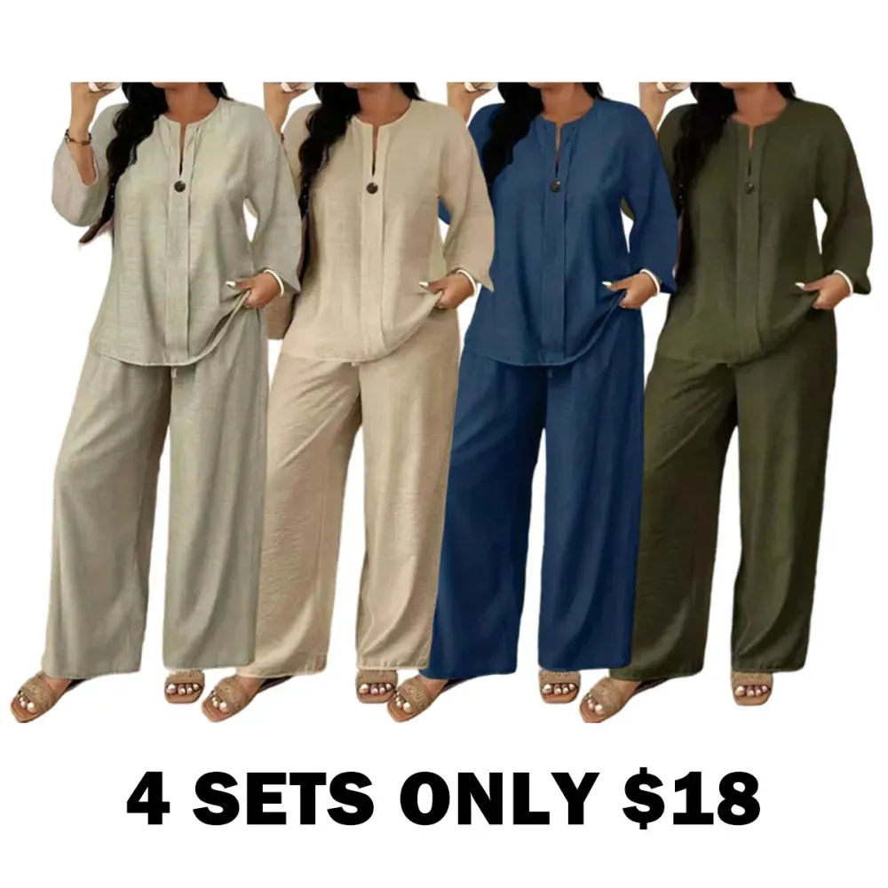 🔥Women's Casual Breathable Long Sleeve Shirt and Loose Pants Two-Piece Set