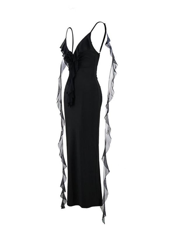 Deep-V 3D Flower Strappy Backless Fishtail Dress