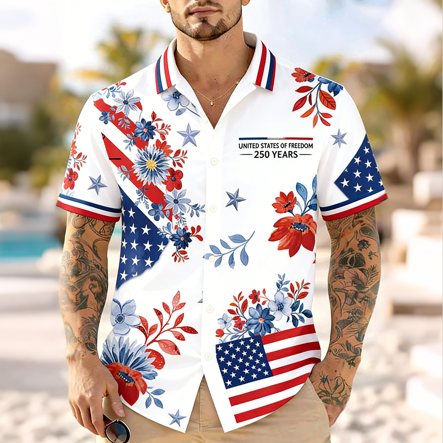 Men'S Casual American Flag Floral Art Print Hawaiian Shirt