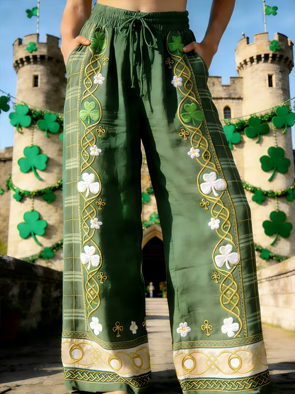 Women's St. Patrick's Day Clover Plaid Print Casual Pants