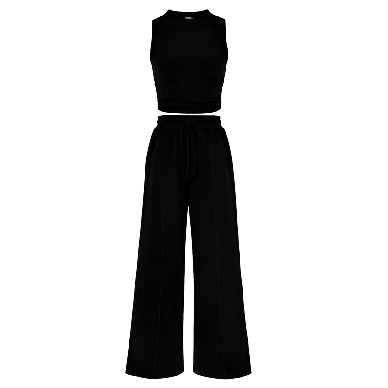 Women's 2-Piece Ribbed Knit Sleeveless Cropped Top & Wide Leg Pants