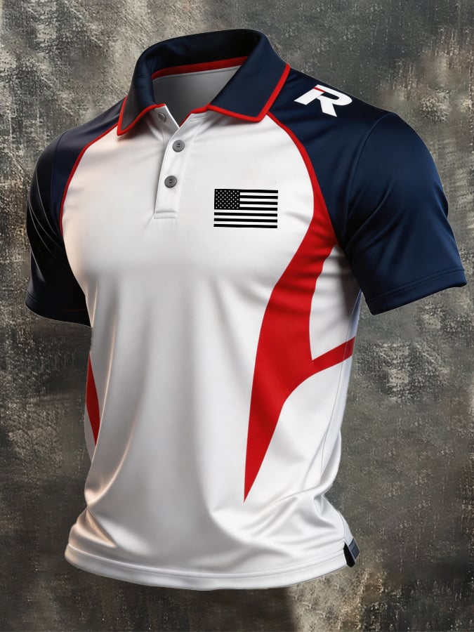 Men's Retro Patriotic Color-Block Short-Sleeve Polo Shirt