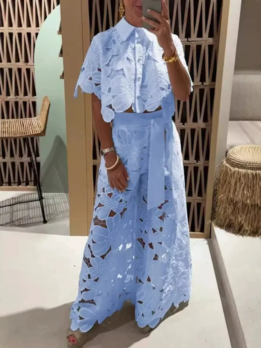 Women's 2026 New Retro Lace Outfit Set Short Sleeved Blouse Tops & Tie-up Pants Two-Piece Embroidery Hollow Temperament Suit for Casual & Special Occasions