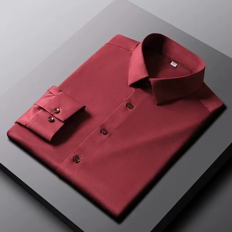 2025 New Elastic Silk White Shirt Men'S Long Sleeve Iron-Free Solid Color Breathable Casual Slim Business Men'S Shirt