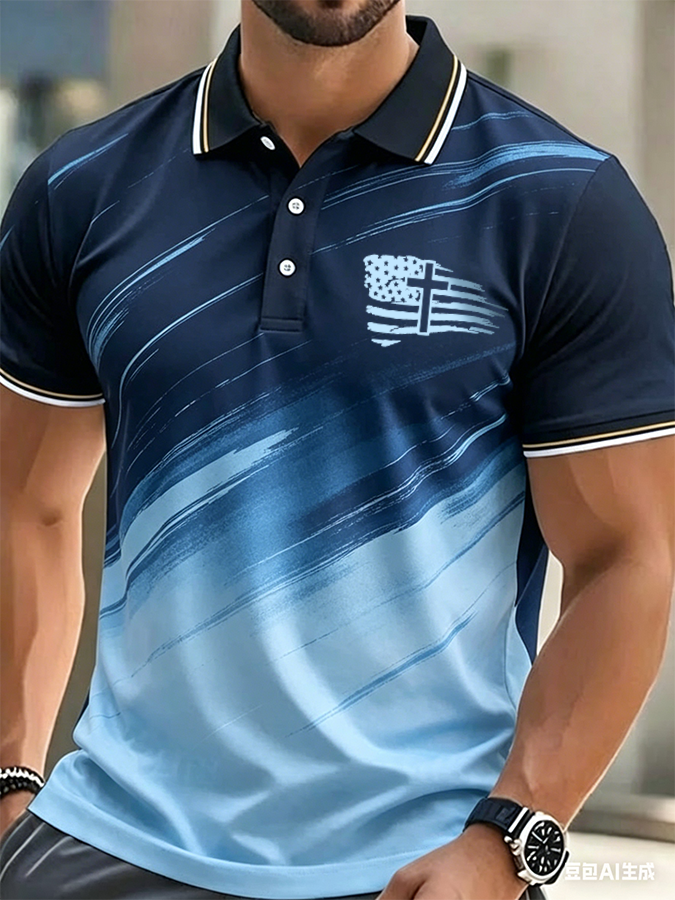 Men's Patriotic USA Flag Cross Gradient Stripe Polo Shirt