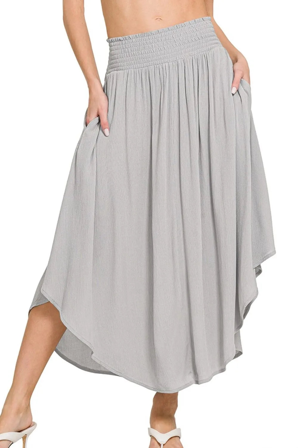 Zenana Woven Crinkle Smocked Waist Maxi Skirt W Pockets