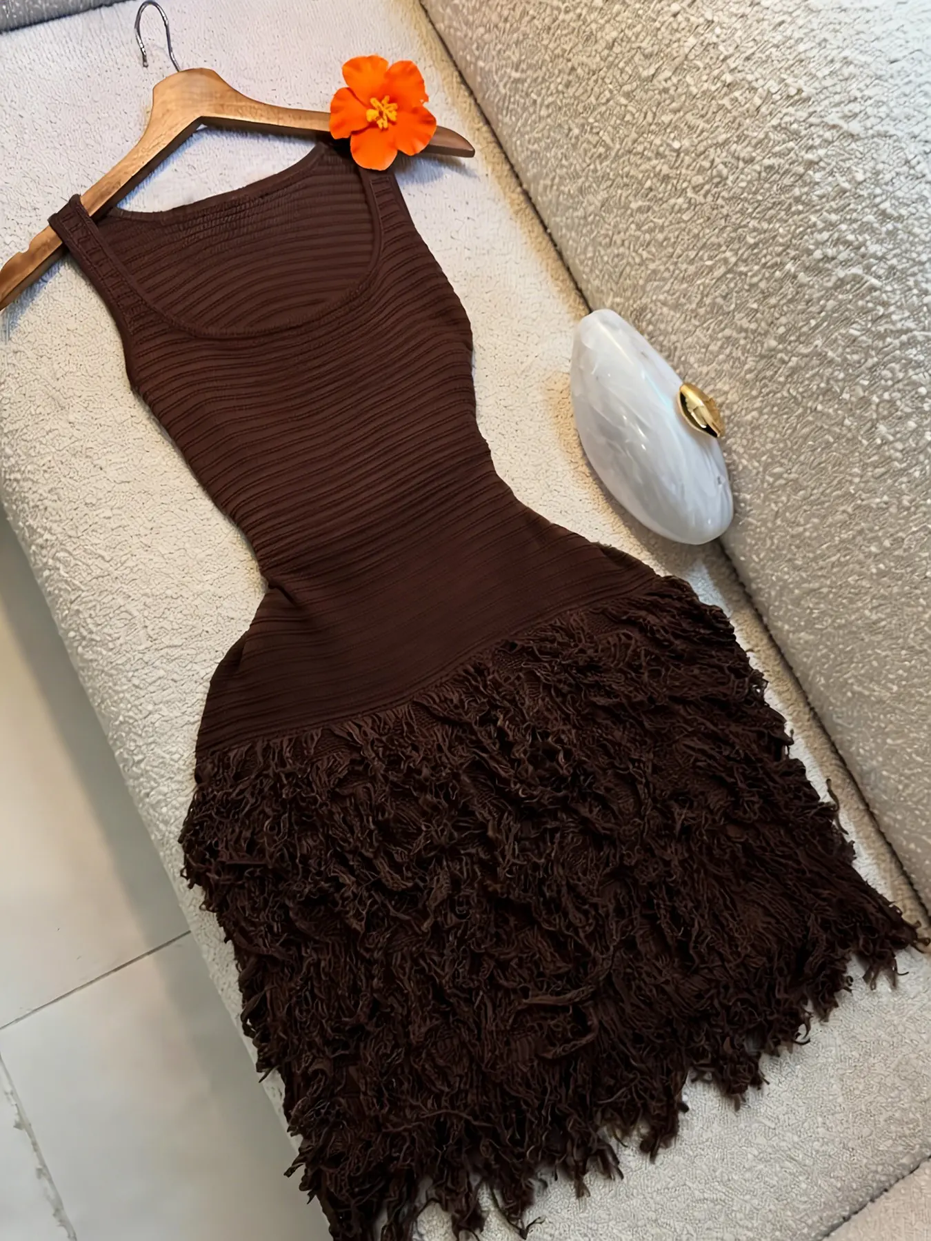 Elegant Knitted Bodycon Dress, Summer Vacation Fringe Skirt, Slim Fit Sleeveless Knit Vest Dress, Solid Round Neck Sweater Dress, Spring & Summer Women's Clothing