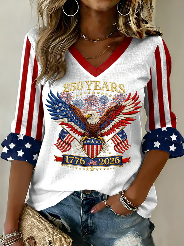 Ladies' Casual 250Th Anniversary Of The Founding Of The United States Printed V-Neck Half Blood T-Shirt