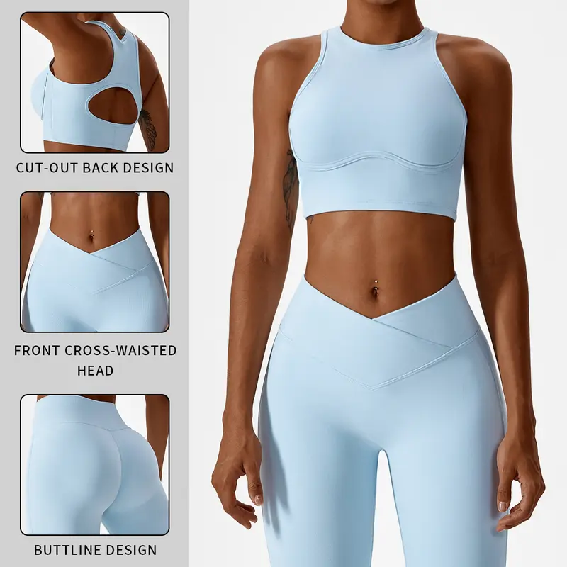 High-waisted seamless sweatpants paired with a padded elastic bra two-piece set