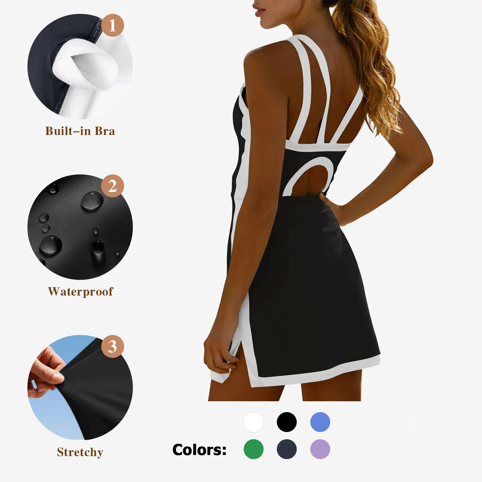 Women's sleeveless halter tennis dress with white piping, open back design, and stylish cutout details at the back