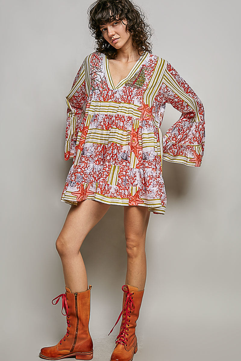 Pintuck Detail Striped Floral Long Sleeve Mini Dress