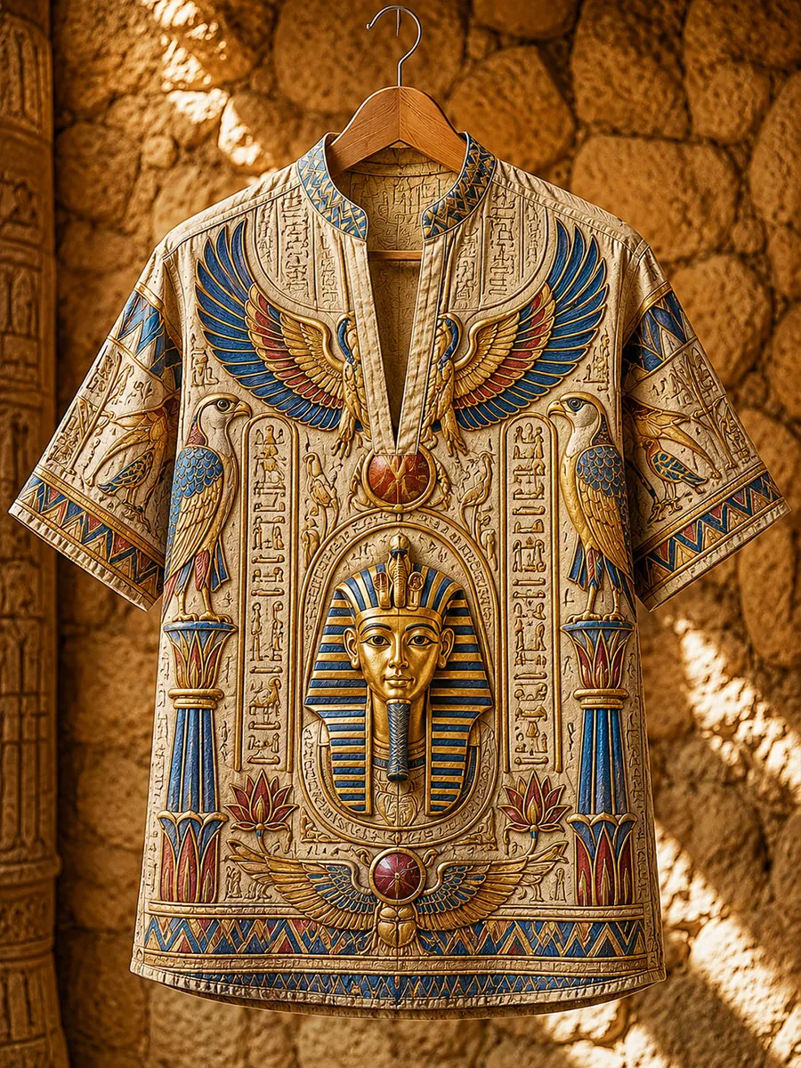 Men’s Ancient Egyptian Pharaoh Totem Short Sleeve Henley Shirt