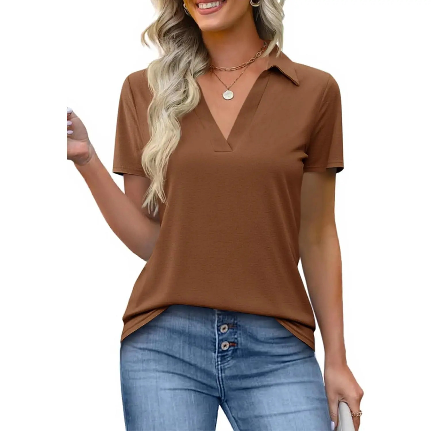 Women's Short-Sleeve Fitted Minimalist Lightweight Polyester V-Neck Collared Polo Shirts - Business