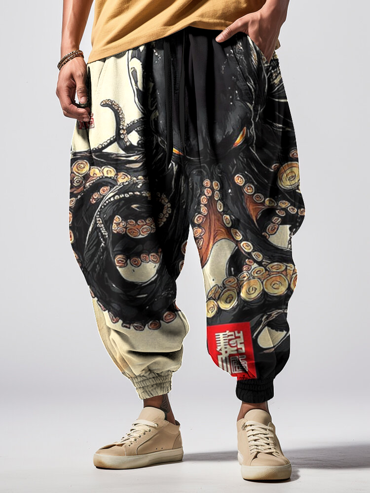 Men's Dark Octopus Japanese Art Print Loose Drawstring Waist Sweatpants