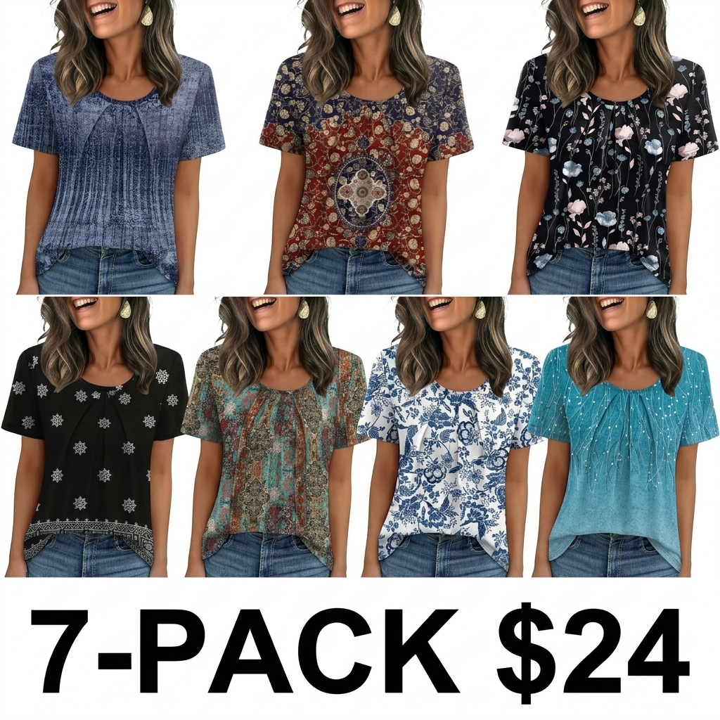 Women T Shirts Pleated Short Sleeve Tops Business Casual Dressy Blouses Crewneck Boho