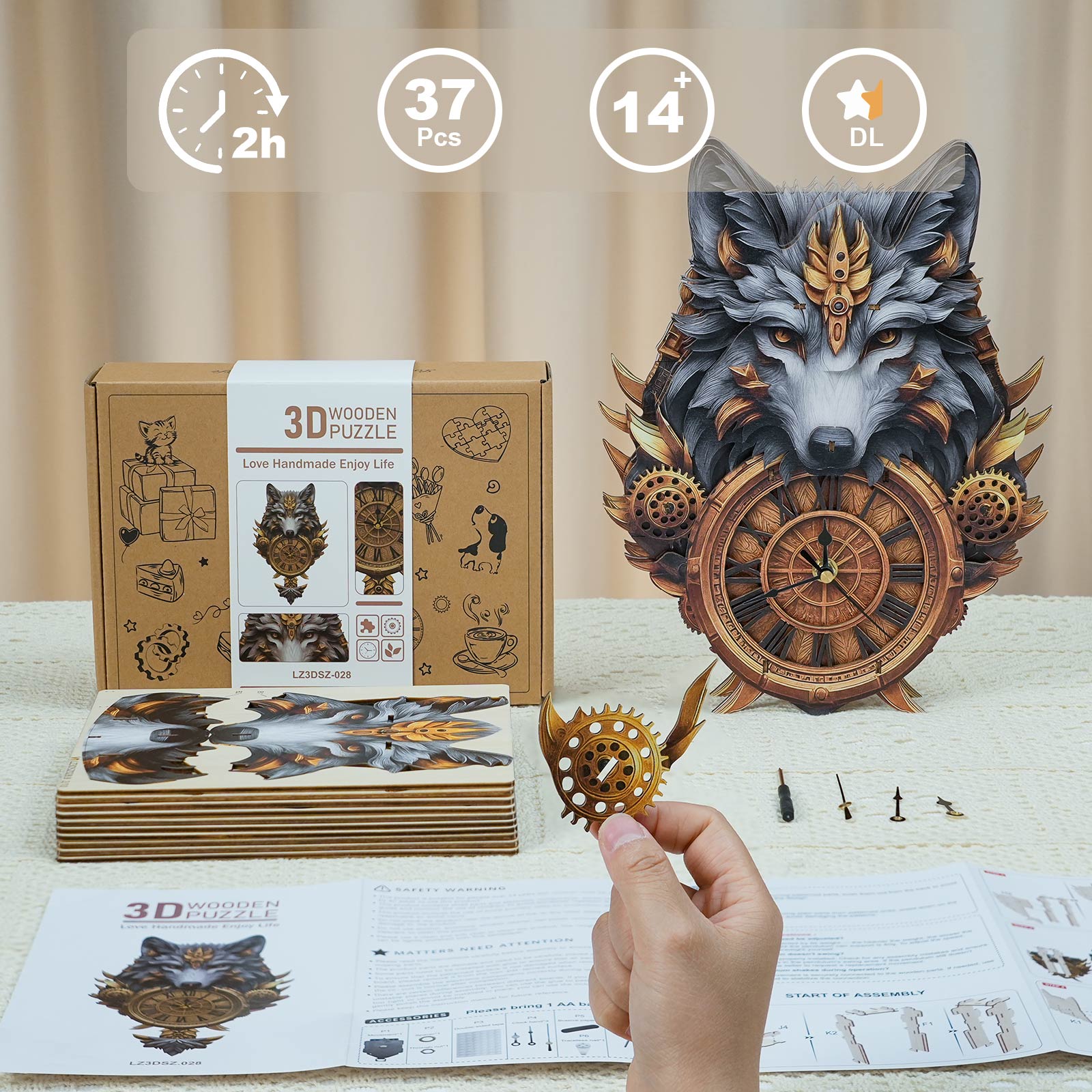 Gray WolfDIY Wooden Clock, 3D Puzzle Craft Kit