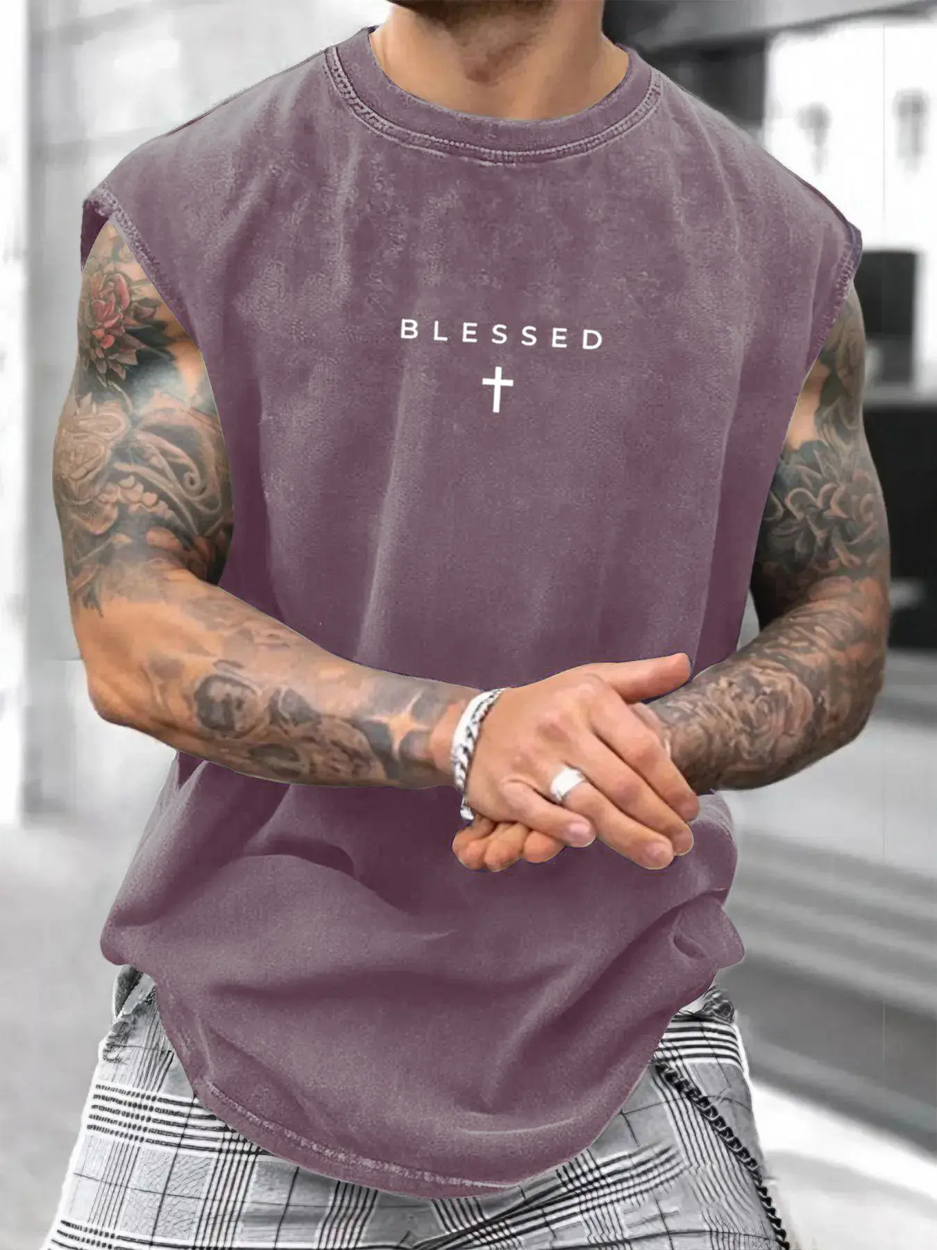 Men's Loose-Fit Sleeveless Short Graphic T-Shirt, Pure Cotton Menswear Streetwear Street Style Summer Top
