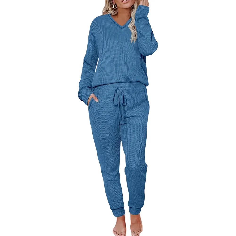 V-neck waffle knit top and pants casual set