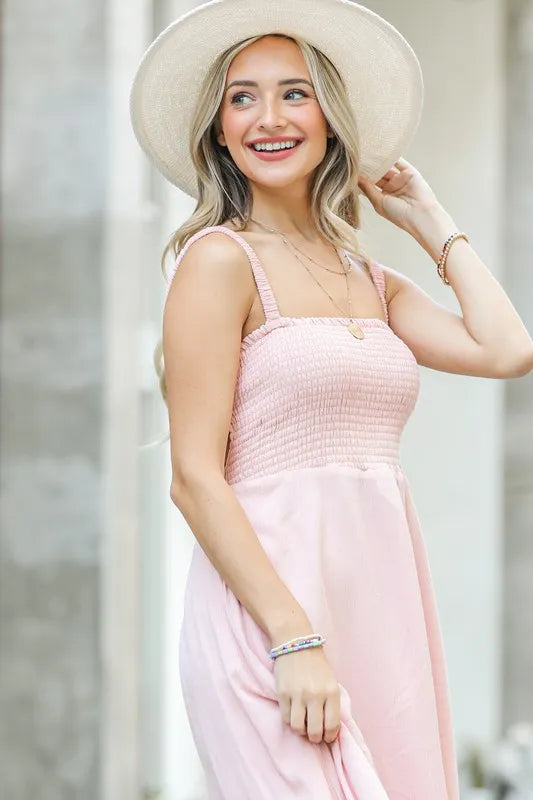 Smocking Open-Back Sleeveless Midi Dress