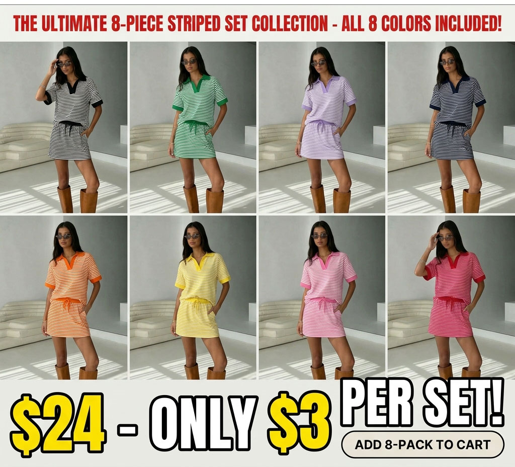Women’s Striped 2-Piece Skort Set – V-Neck Polo Top & Built-In Shorts