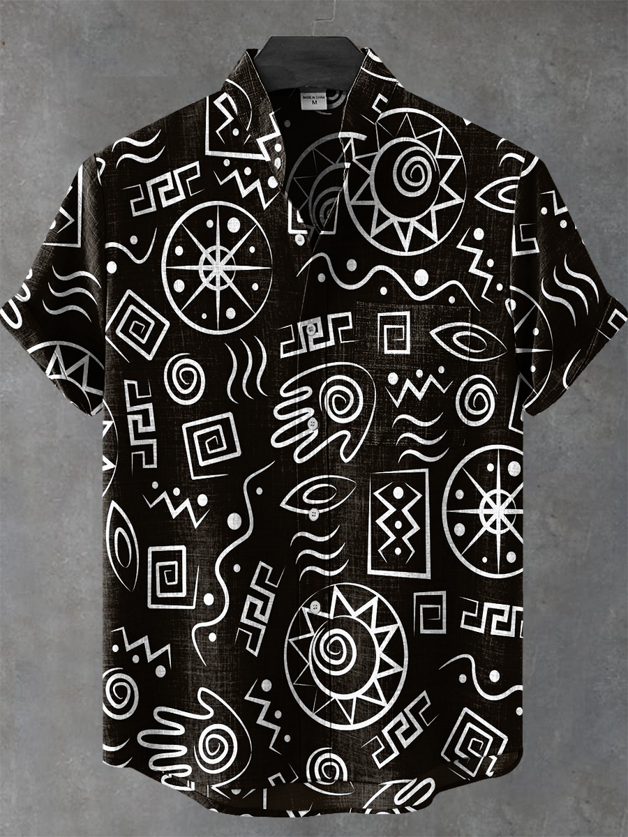 Abstract African Tribal Geometric Art Print Casual 100% Cotton Shirt