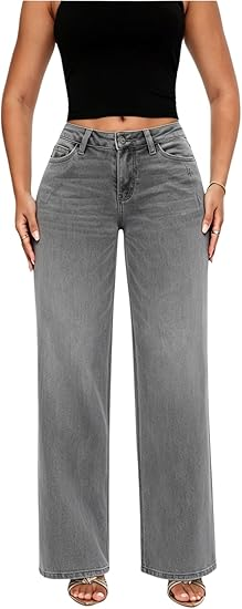 Mid-Low Rise Baggy Jeans Wide Leg for Women Distressed Pants Stretchy Bottom Lady Basic Comfortable Denim