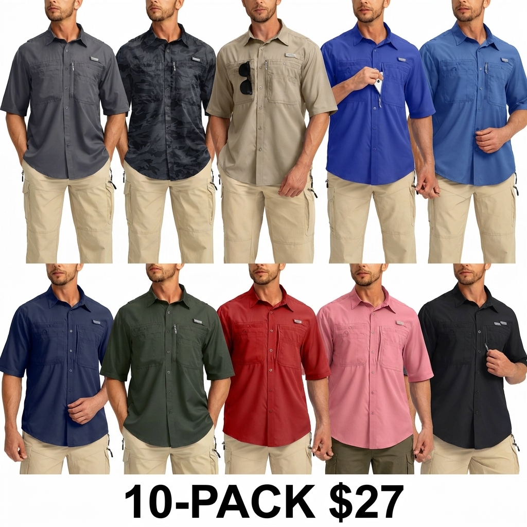 Men's UPF 50+ Fishing Shirt – Lightweight Quick-Dry Short Sleeve Button-Down with Zipper Pockets