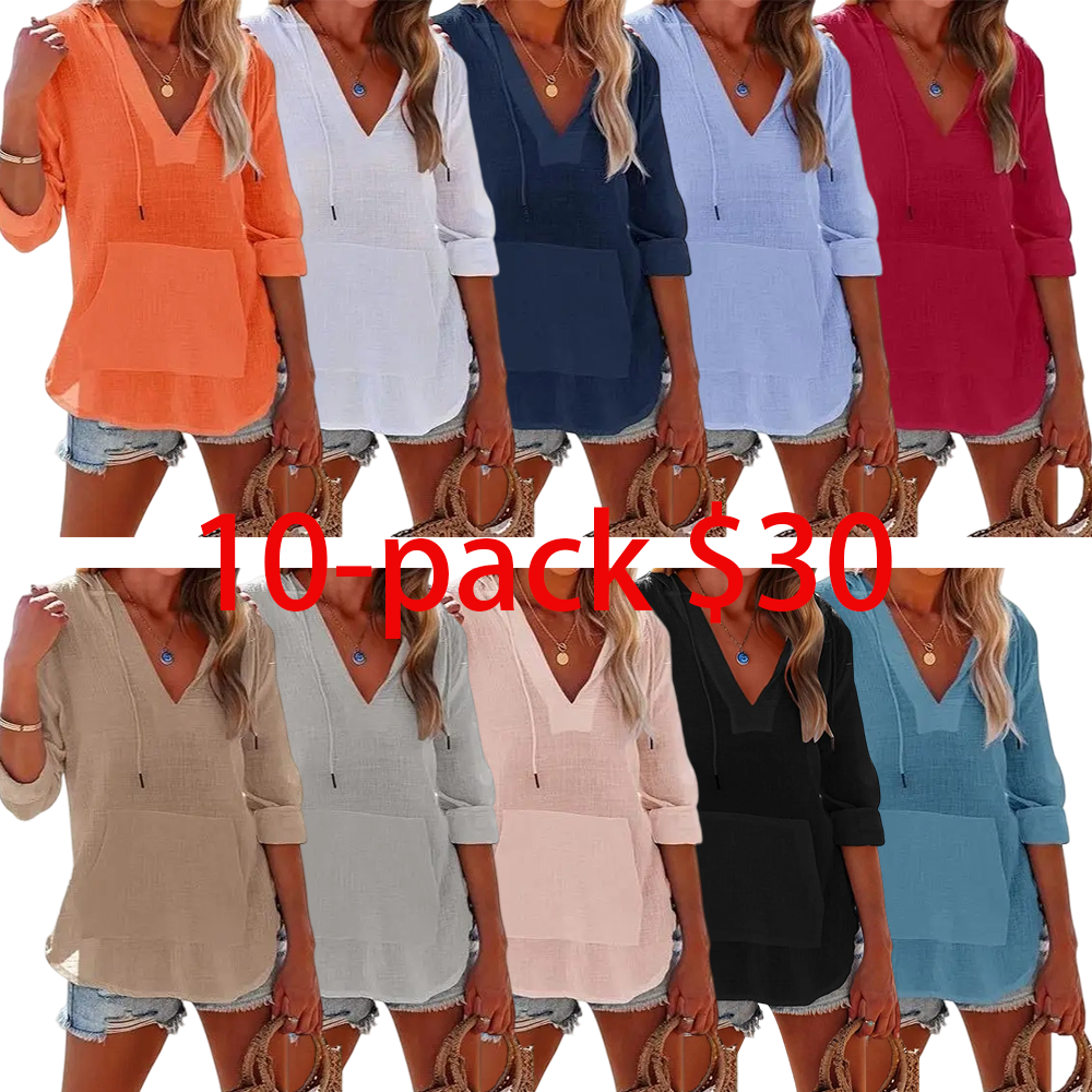 Women's 6-Pack Beach Cover Up Hoodies – Long Sleeve V Neck Pocketed Hooded Shirt Top Casual Womenswear