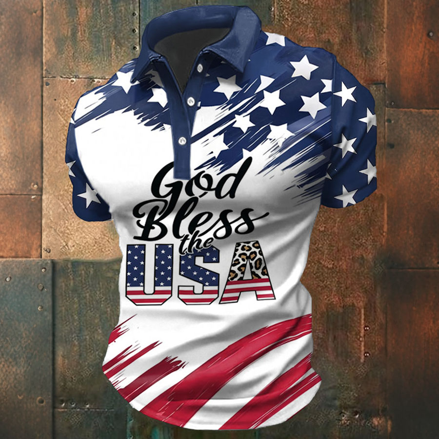 Men'S Casual American Independence Day God Bless The USA Printed Celebration Short Sleeved Polo Shirt