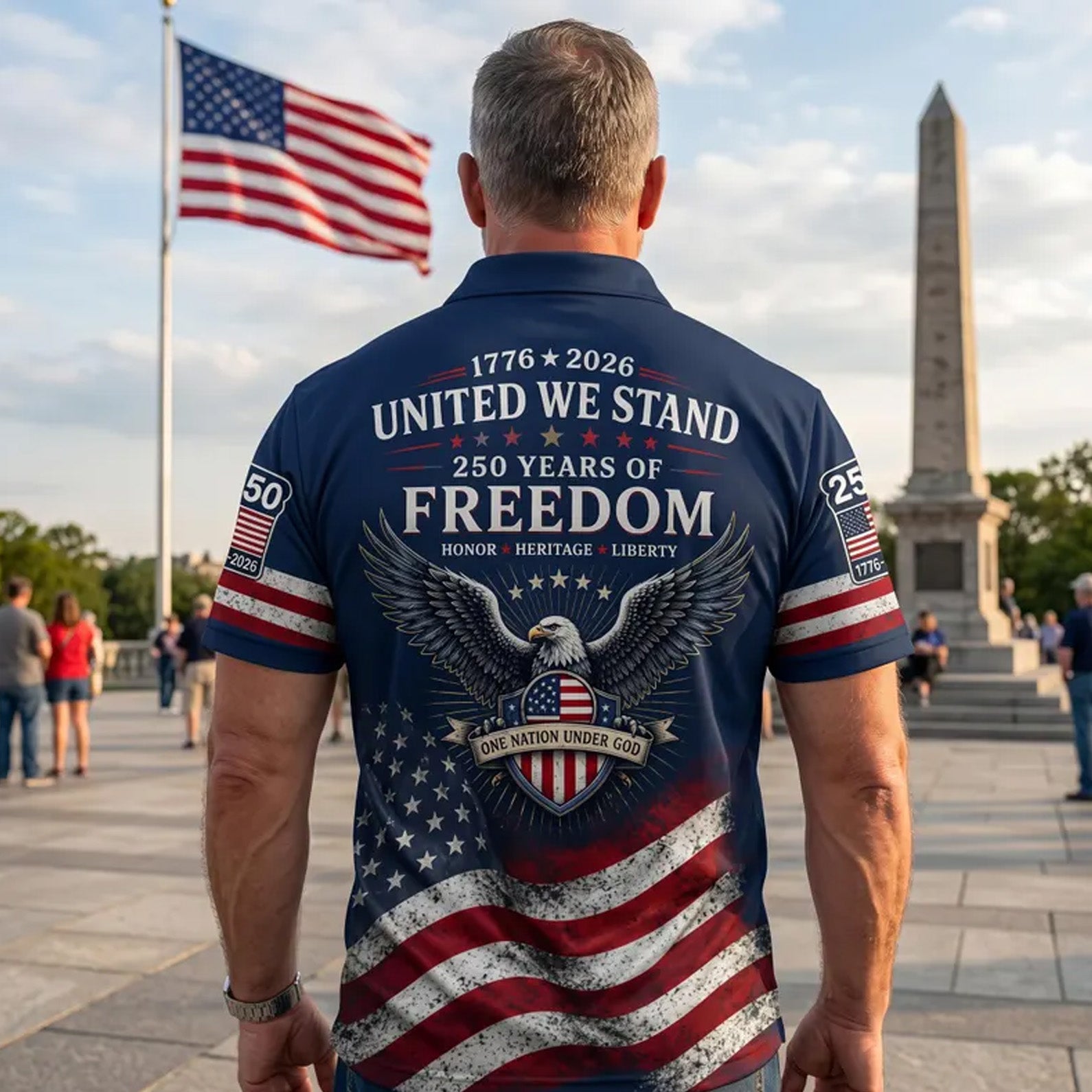 250 Years Patriotic Golf Polo Shirt, USA Flag AOP Polo for Men, 4th of July Independence Day Shirt