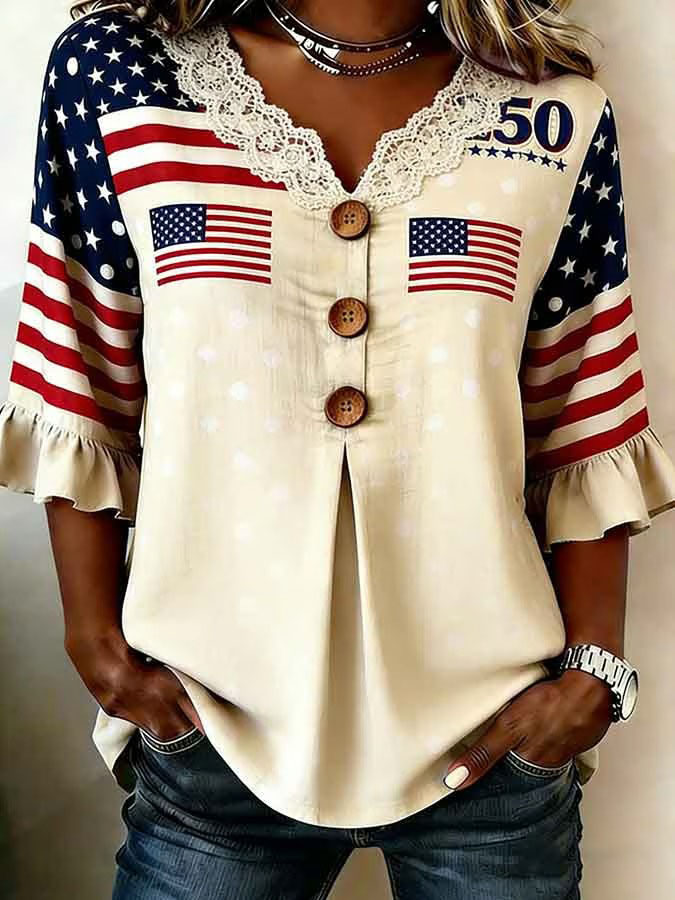 Women's Independence Day 250th Anniversary Commemorative Flag Flower Art Retro Printed Casual Top