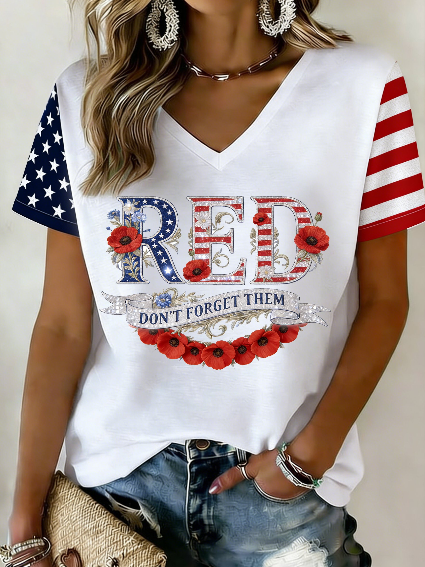 Women's Red Friday Printed V-Neck T-Shirt