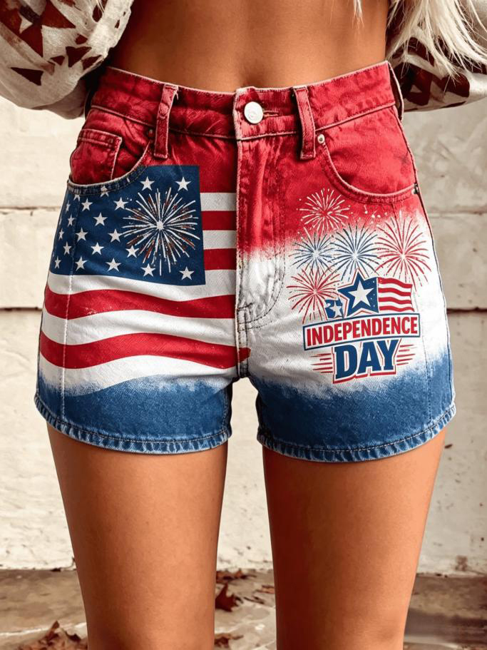 Women's USA Flag Firework Independence Day Printed Casual Shorts