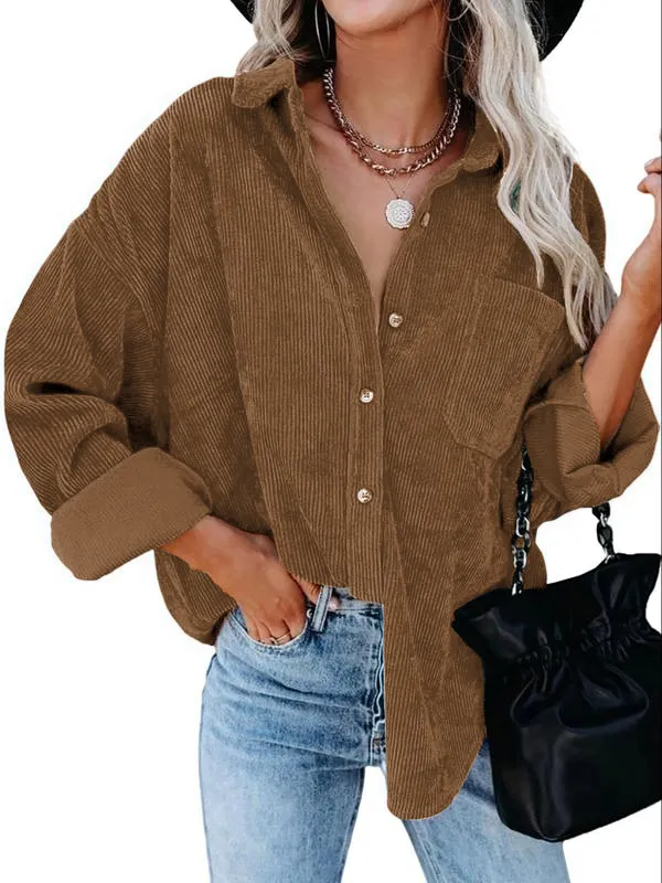Women's Plain Pocket Button Front Corduroy Shirt