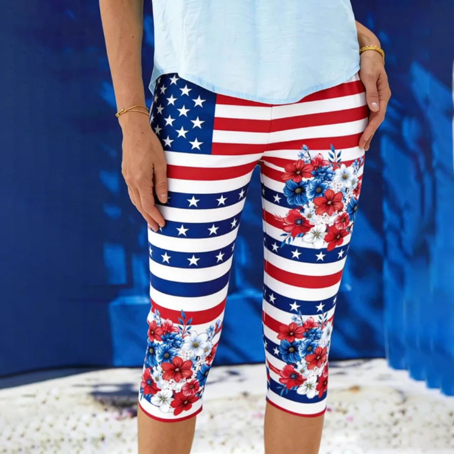 Women's American Flag Floral Print Casual Leggings