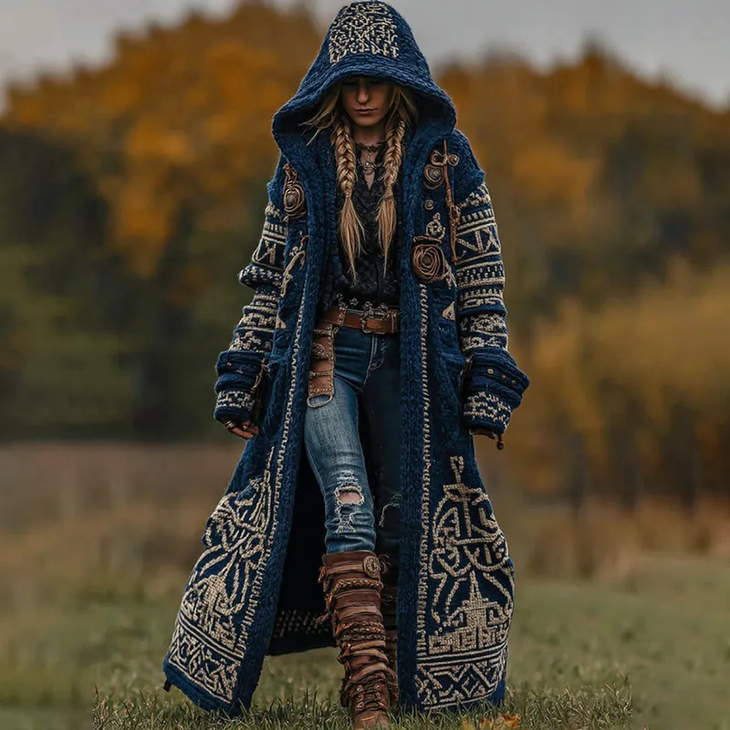 Women's Vintage Viking Celtic Knot Knit Cozy Long Sweater Jacket
