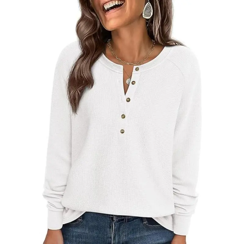Women's Button Up Waffle Top Long Sleeve Knit Shirts Fall Casual Henley V Neck Tunic Tops